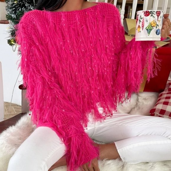 Statement maker! Barbie Fuzzy Fringe Crop knit Sweater top Pink - Picture 4 of 7